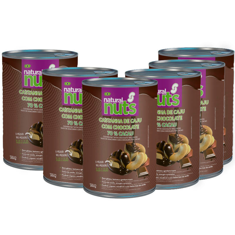 Kit 6x Latas 200g Castanha de Caju com Chocolate 70% Cacau
